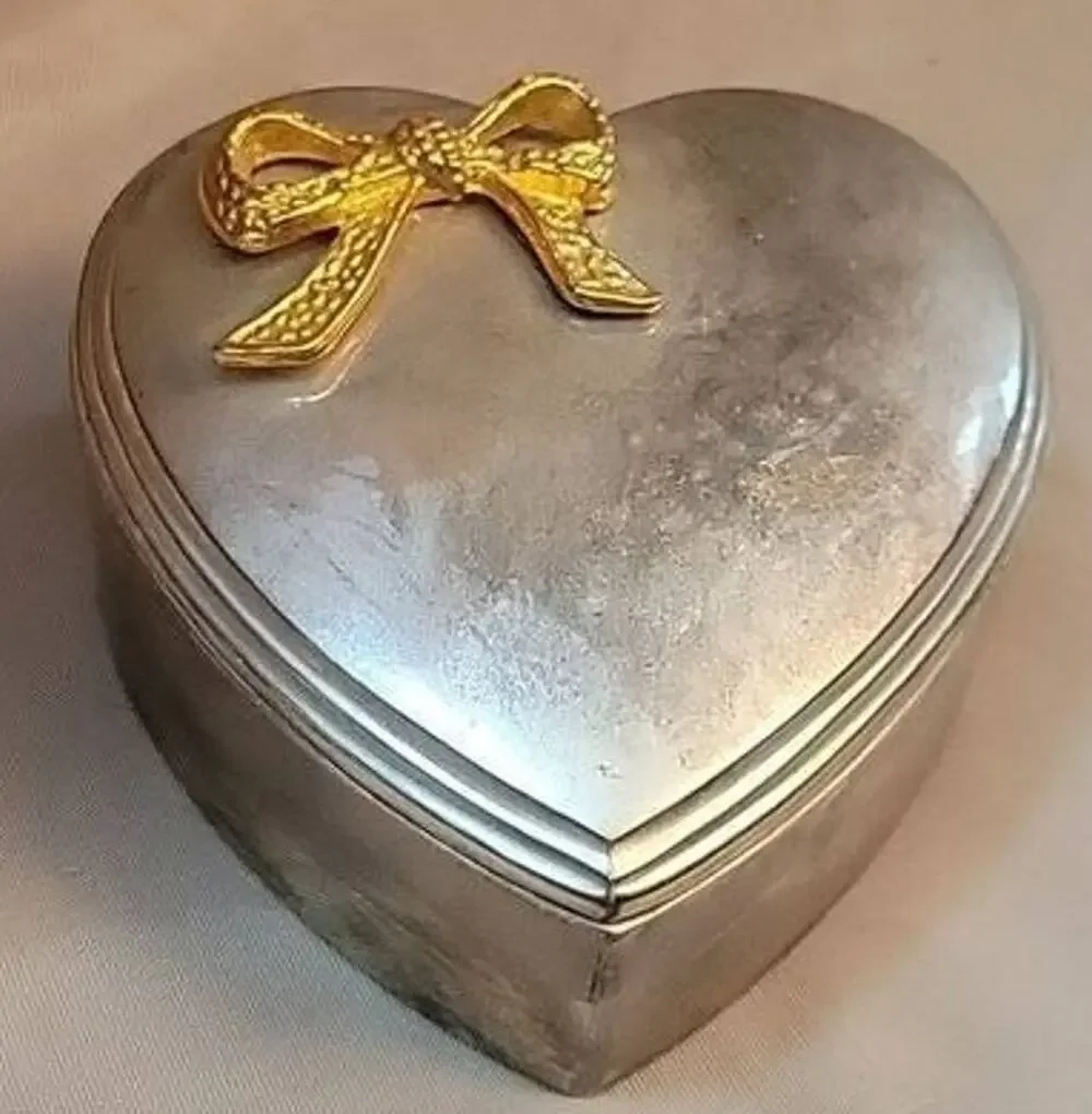 Vintage Silver Plated Heart Shaped Trinket Box with Gold Tone Bow